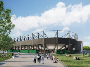 So soll das neue Preußenstadion an der Hammer Straße aussehen. (Visualisierung: Stadt Münster / Architektur Concept)