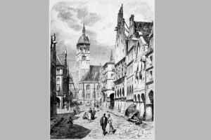 Historische Darstellung vom Prinzipalmarkt und St. Lamberti. (Quelle: LWL)