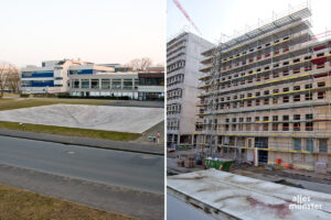 Wo bis 2020 die Skulptur "Square Depression" stand (l.), entsteht heute der Neubau der Physikalischen Institute. (Fotos: Bührke)